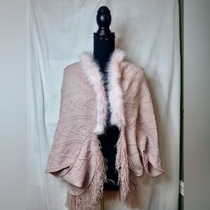 Dusty Rose Knit Cape with Faux Fur Trim